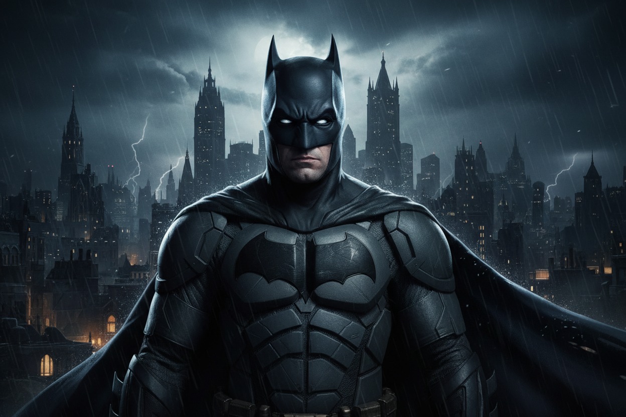 Batman em pé diante de uma cidade sombria e chuvosa com relâmpagos ao fundo.