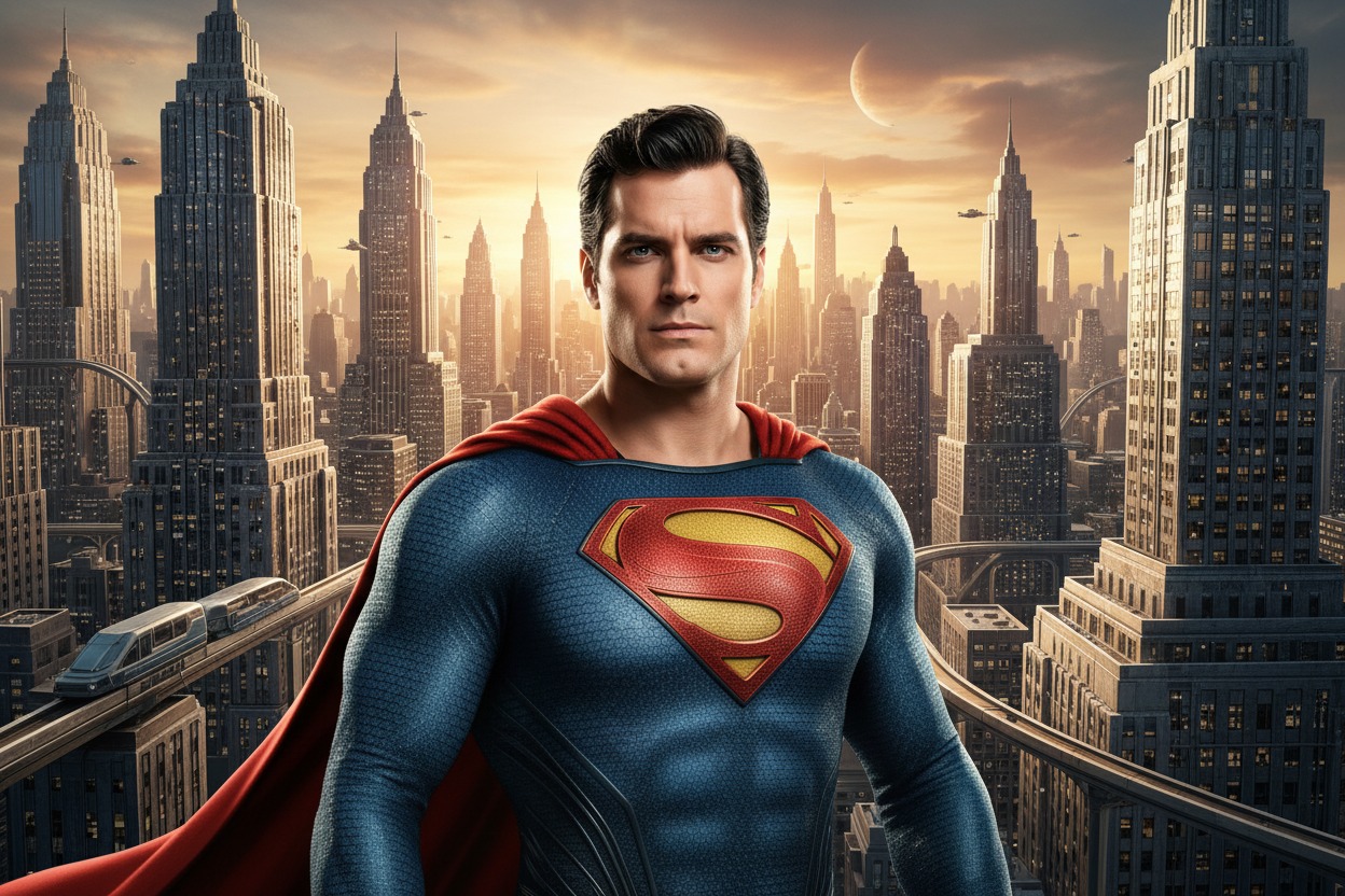 Superman em pé diante de uma paisagem urbana futurista com arranha-céus ao pôr do sol.