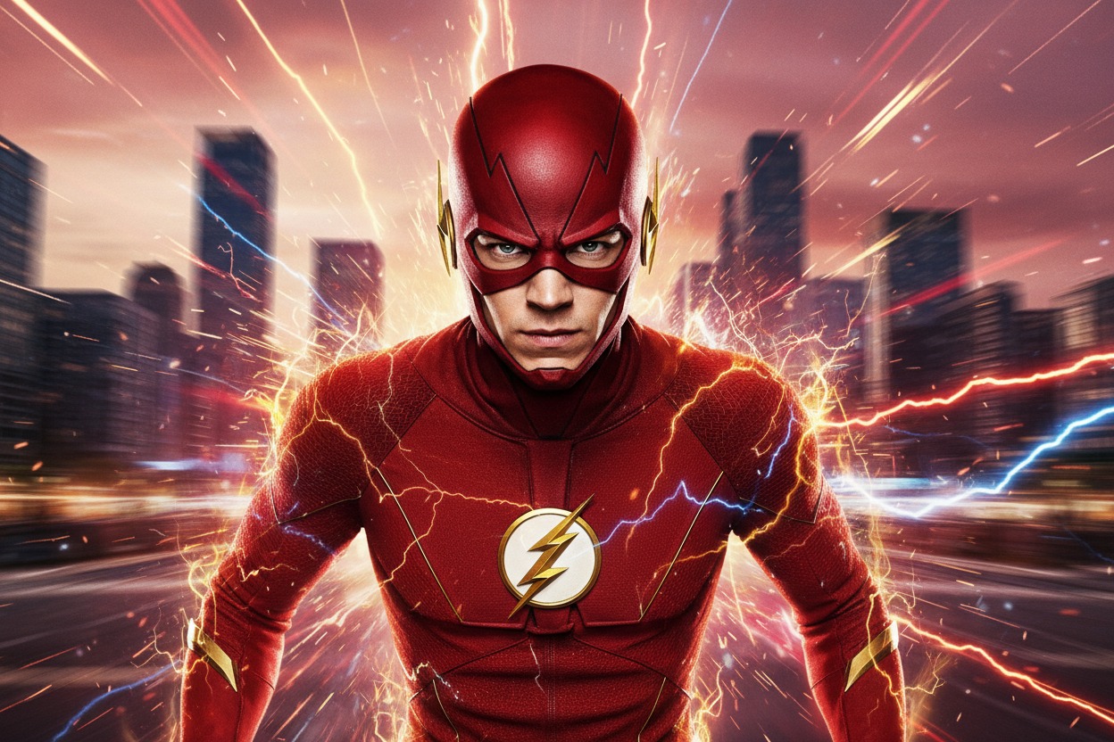 O super-herói Flash em seu traje vermelho icônico, cercado por raios de energia em um cenário urbano.