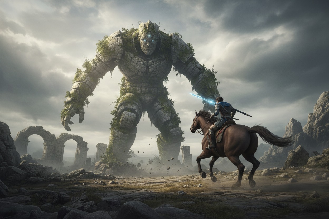 Um guerreiro montado a cavalo enfrenta um gigante de pedra coberto de musgo em uma paisagem de ruínas antigas.
