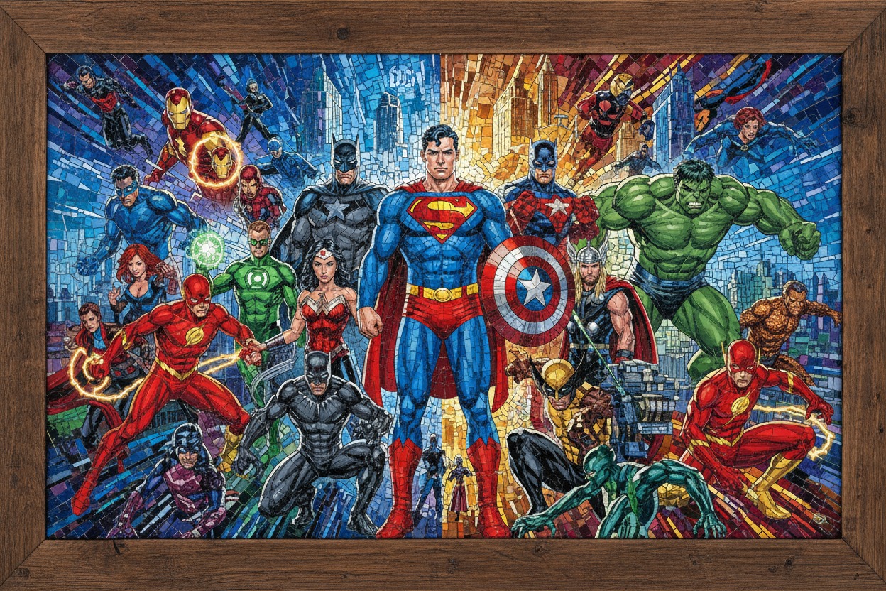 Quadro com arte em estilo mosaico reunindo diversos super-heróis da DC e da Marvel em um fundo urbano.